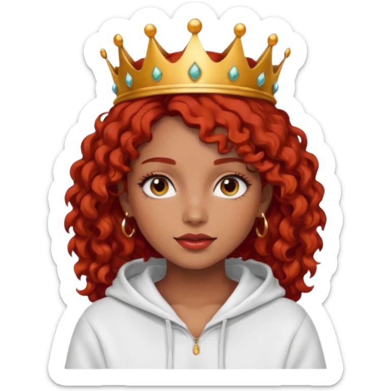 Slim girl with a fine face, dark chocolate-colored and tanned skin, medium-length curly tomato-red hair, dark eyes, medium-thick eyelashes, and a crown and hoop earrings wearing a white hooded sweatshirt.
 sticker
