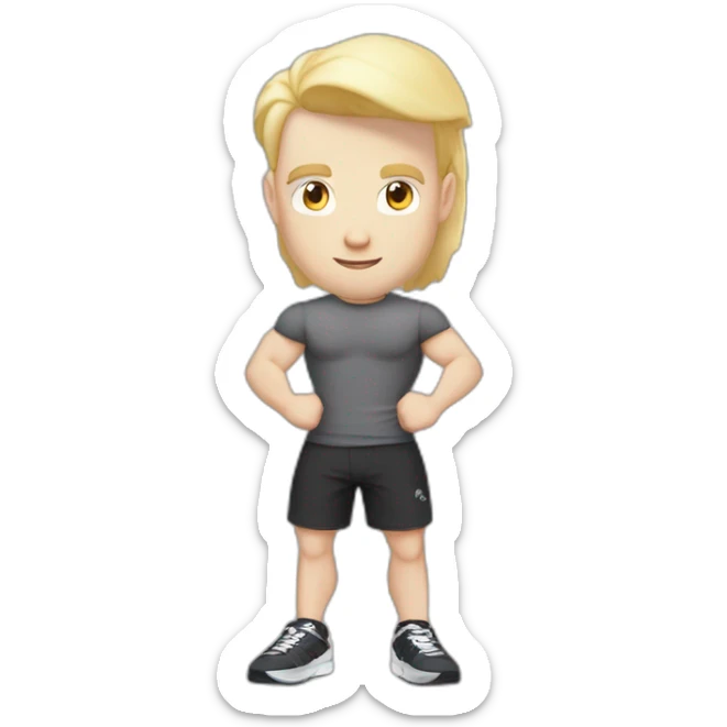 Pale skinned Fit Man With the biceps and blonde hair in black shirt, gray sports shorts and white Sneakers Writing text on the flipchart sticker
