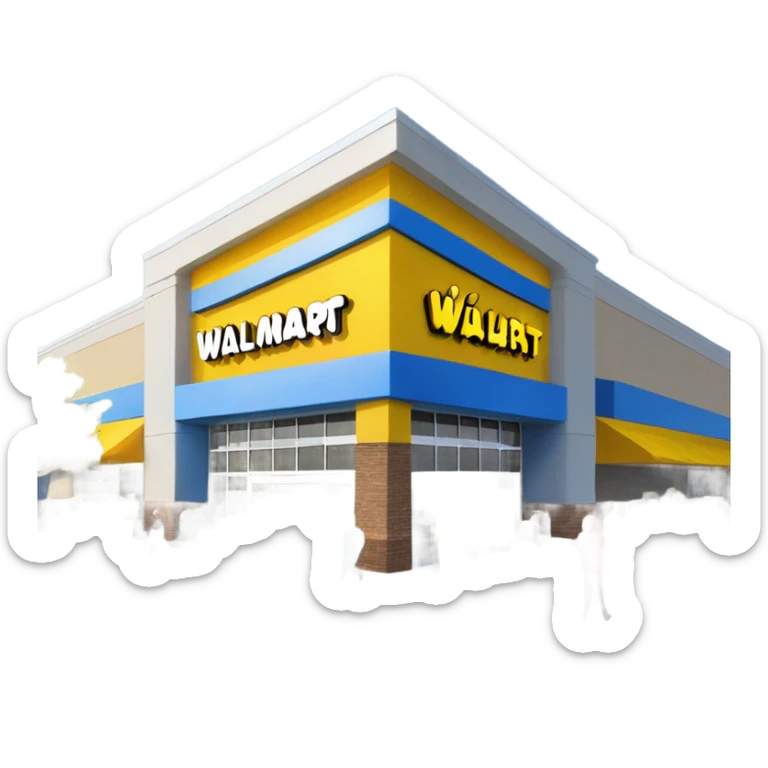 “Exterior of a Walmart store with the sunburst logo above the entrance, blue facade with yellow accents, large sliding glass doors, and shopping carts lined up outside, capturing the look of a busy retail supercenter.” sticker