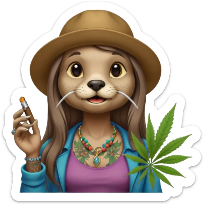 a female otter with long hair smoking a joint surrounded by marijuana fumes. a bit california hippy vibe, with tattoos and piercing sticker