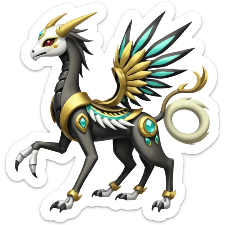 Colorful Shiny Tribal Skeletal masked armored Meloetta-Silvally-Solgaleo-Raikou-Pokémon-Digimon-Fakémon-fusion-hybrid-creature, full body sticker