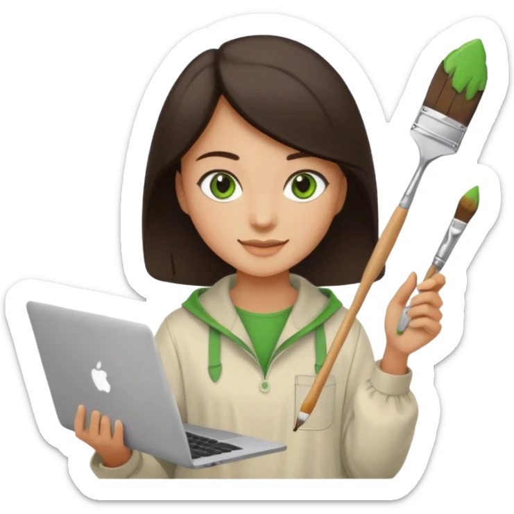 happy Graphic designer whit a MacBook, him eyes green color and dark brown hair, he is paint artist sticker