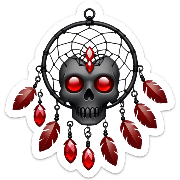 Blood-red, bloody, obsidian-black, edgy, dream catcher, red gemstones, black wires, black threads, big skull in the middle sticker