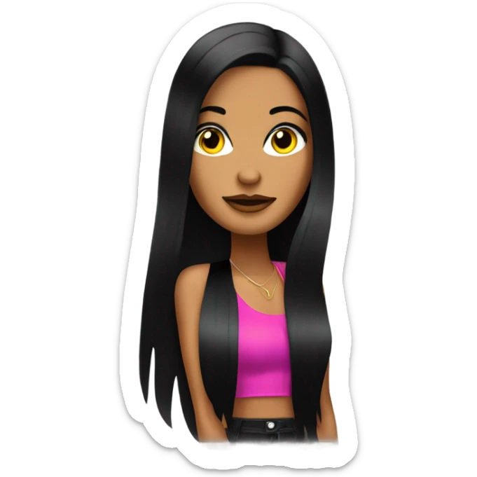 Tanned woman with long black hair dressed in Y2K R&B hair, makeup, and neon attire sticker