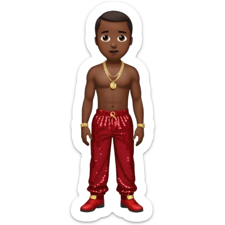 P Diddy with dark brown hair, dark red sequin baggy pants, shirtless with necklace sticker