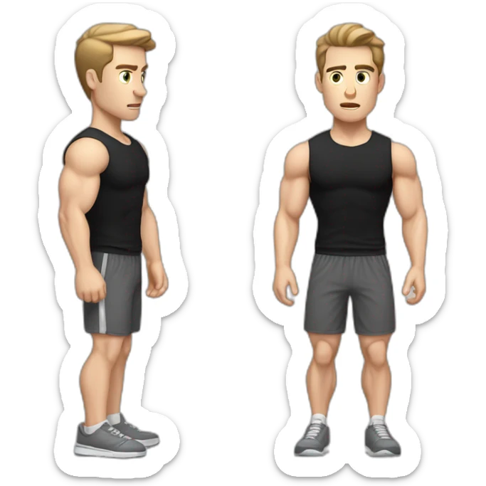 Confused Pale skinned Fit Man With the biceps and dark brown hair in black shirt, gray sports shorts and white Sneakers sticker