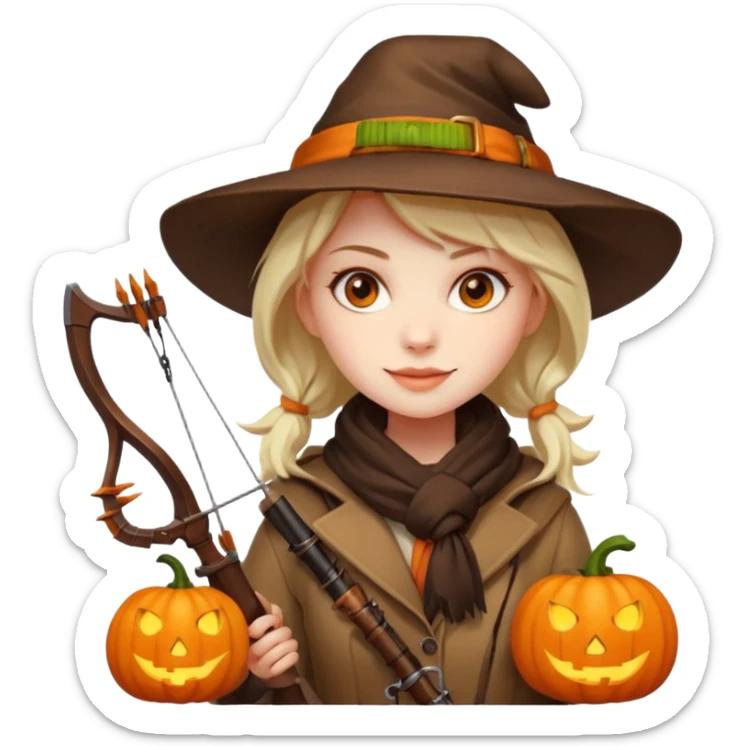 female human monster hunter emoji, wearing brown coat and hat, holding crossbow, soft smile, scarf, glowing pumpkin by her side, Halloween fantasy style, clean vector Apple emoji look, bright colors, white background, square sticker