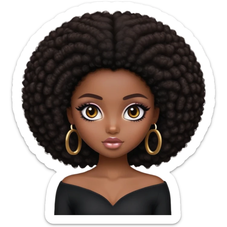 pretty bratz girl, dark skin, dark brown afro, dark brown eyes, black eyeliner, deep black skin sticker