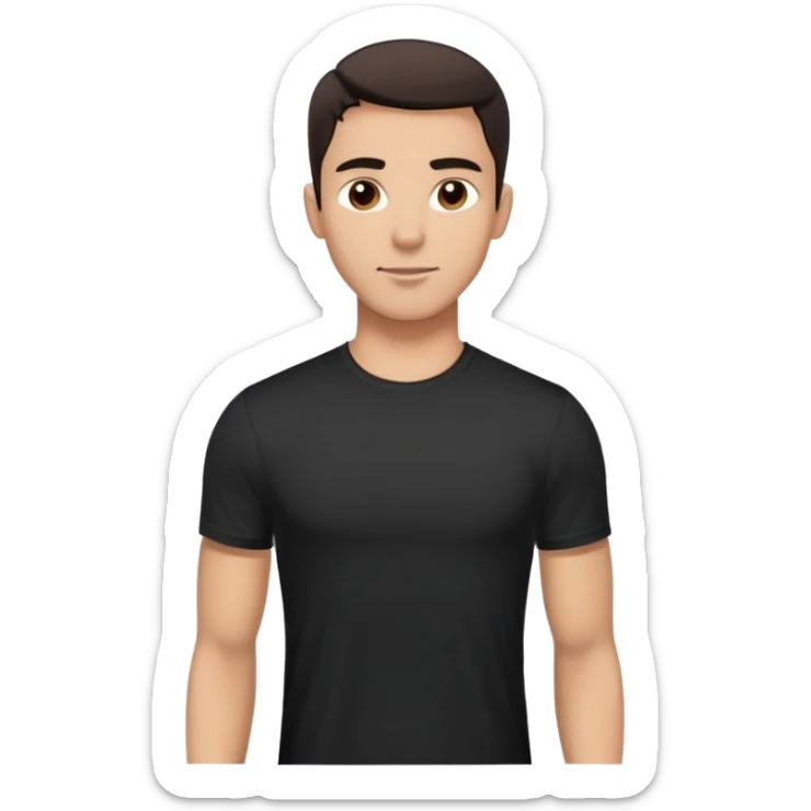 Attractive man in his 40s with youthful appearance, light brown skin, elongated face, defined jawline, medium dark eyes, arched eyebrows, straight nose, handsome friendly expression, short dark hair styled upward, athletic build, wearing a fitted black t-shirt sticker
