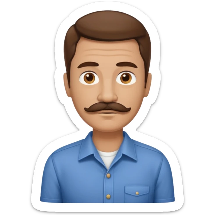 man with mustache, brown hair, 50 years old, shirt, high temple sticker
