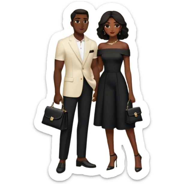 the man dressed in all black, and the woman in an elegant off-shoulder cream-colored outfit with a matching handbag. The background features a textured stone wall, an iron window, and lush greenery, adding a timeless, vintage charm to the scene. Arabic couple  sticker