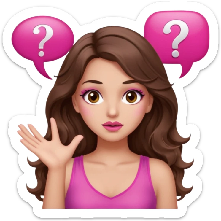 girl with long wavy brown hair, brown eyes, long lashes makeup, sexy pink lips, light to medium complexion, wearing a pink sexy top, shugging, question mark one speech bubble sticker