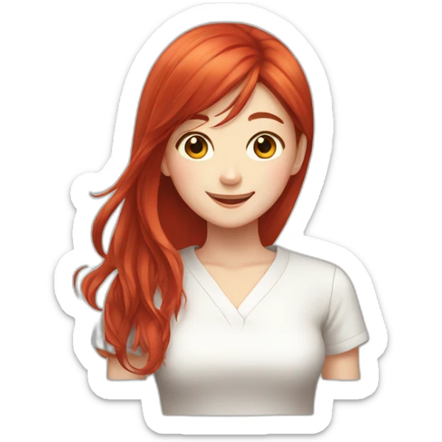 Girl, Japanese girl, long red hair, white shirt, happy face sticker