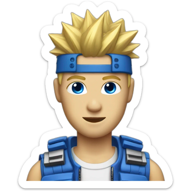 guy with blonde spiked hair, motherboard visor, blue supreme shirt and wink-blink face sticker