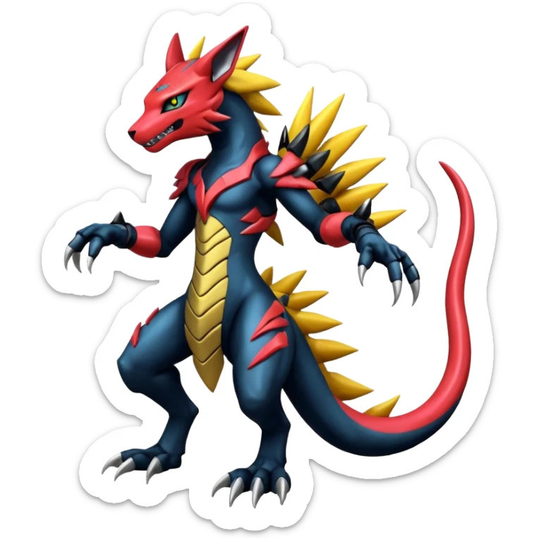 Modern anthropomorphic furry futuristic shiny colorful Zeraora-Salandit-Guilmon-fusion (full body) sticker
