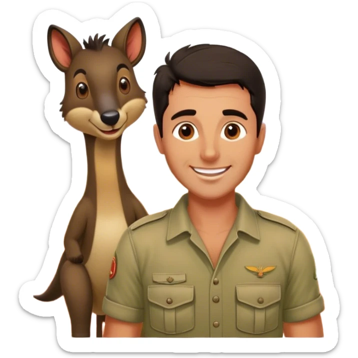 Cinematic Realistic Steve Irwin Portrait Emoji, depicted as a passionate wildlife expert in his signature khaki attire with an enthusiastic smile and a backdrop of the Australian outback, rendered with vibrant textures and dynamic natural lighting that captures his adventurous spirit. sticker