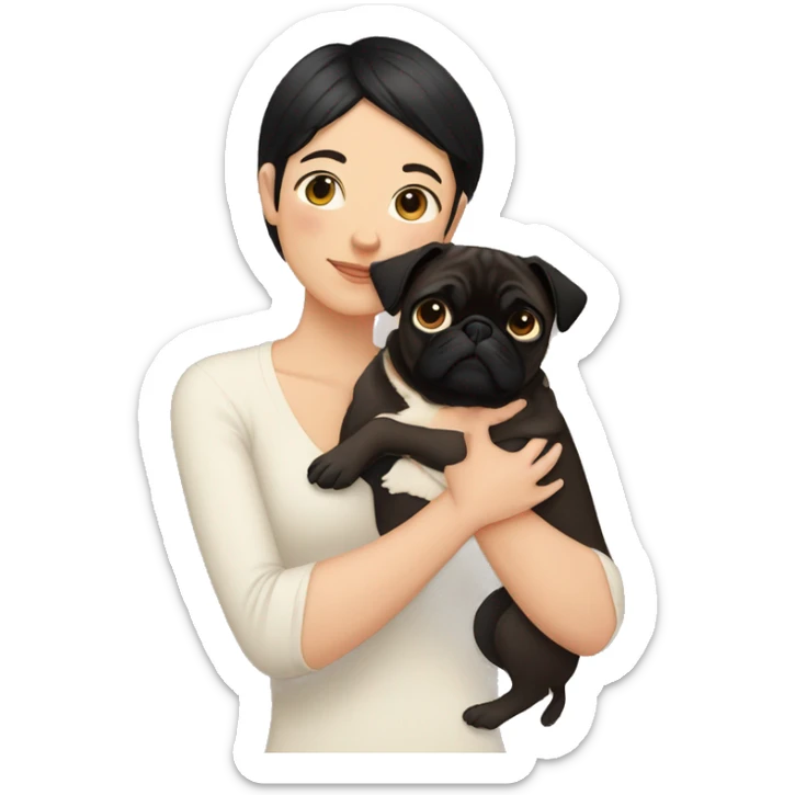 Lesbian woman with dark short hair, causacian skin, hugging a pug sticker