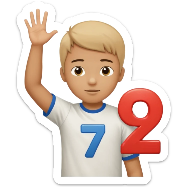 Boy doing 67 with hands in the air up to his chest and he is holding 6 in one hand and seven in the other sticker