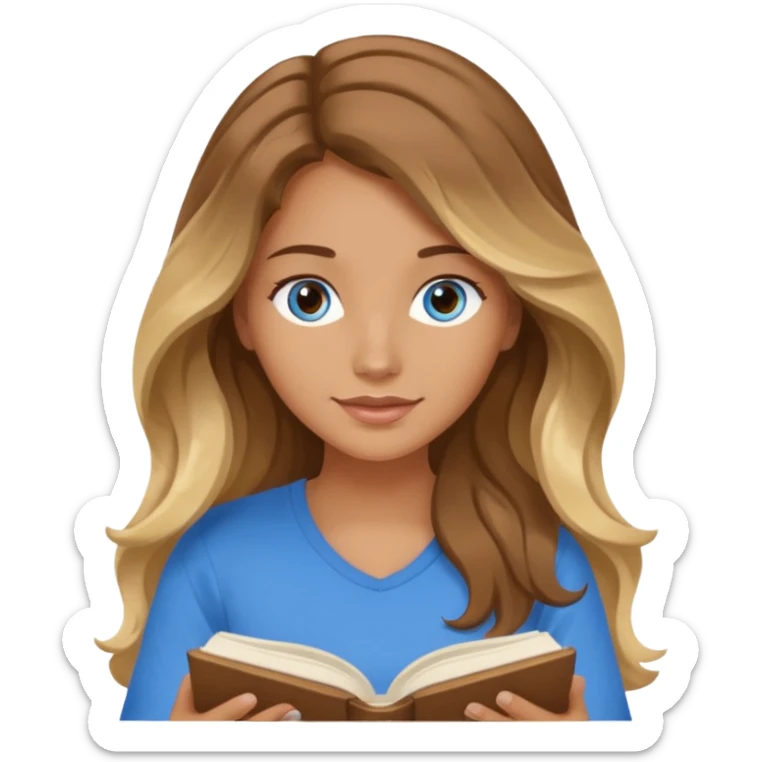 pretty female with long wavy brown hair with blonde highlights and blue eyes  in a relaxed position reading the book 'Rebecca' sticker