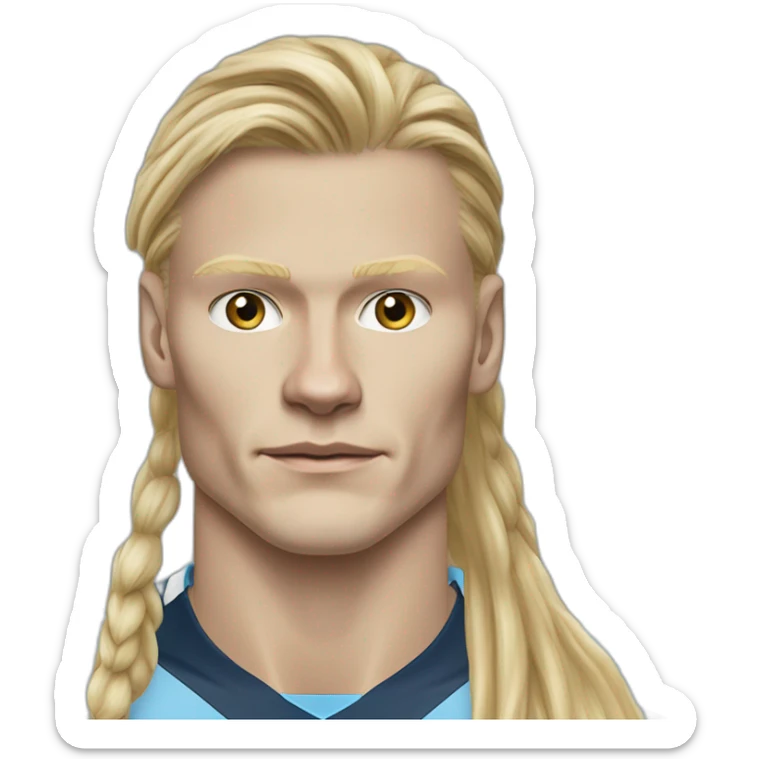 Realistic Erling Haaland has long hair, in a catogan. He is wearing Manchester City football shirt.It has the numéro 9 sticker