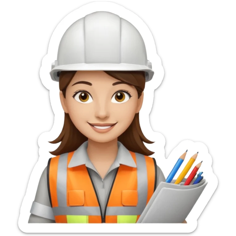 Arquitecta ojos marrones oscuros pestañas piel oliva pelo marron por los hombros sonrie casco blanco chaleco reflectante y material de dibujo técnico sticker