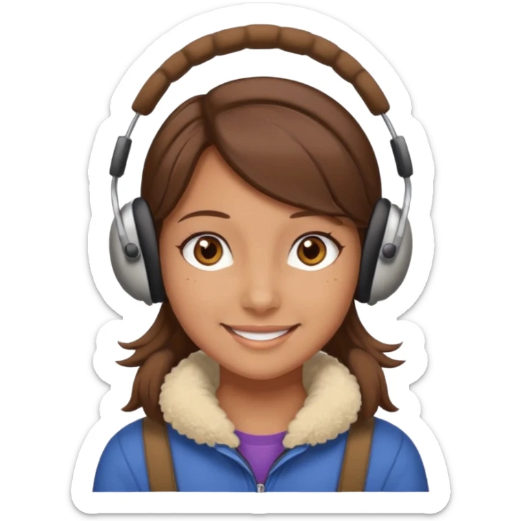 A girl wearing beige ear muffs, tan skin, brown hair, brown eyes smiling sticker