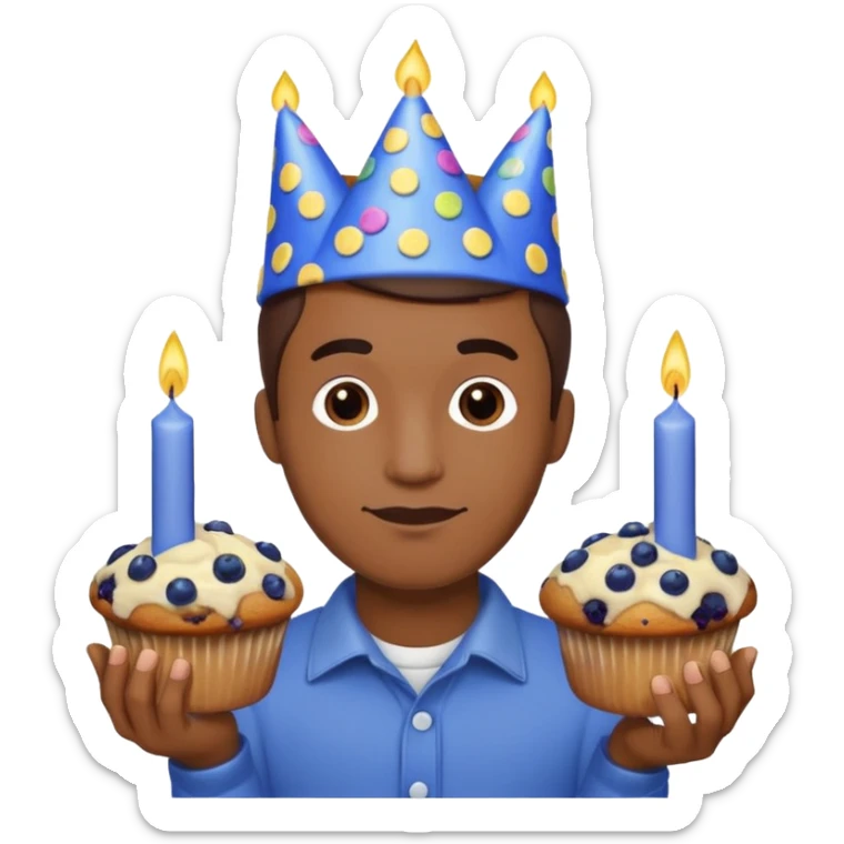 Blueberry Muffin celebrating birthday. Make sure it actually looks like a muffin with candles. Somebody holding it with party hat. Make it a man  sticker