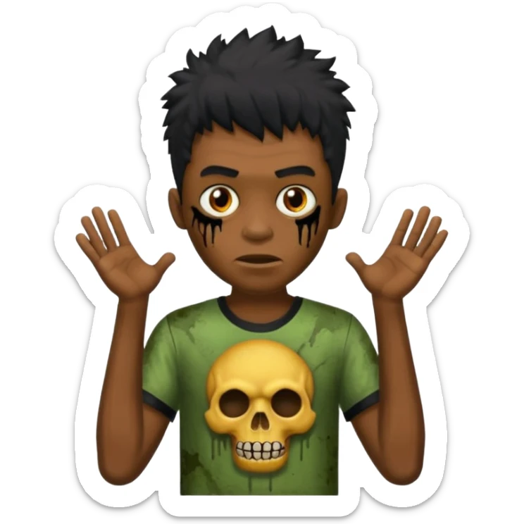 crie um zumbi menino bonito, com aparencia jovem igual, com cabelo preto, curto, com franja, o estilo do cabelo do zumbi seria o mesmo dos meninos de cabelo liso bagunçado do pinterest, faça ele com uma camisa preta sticker