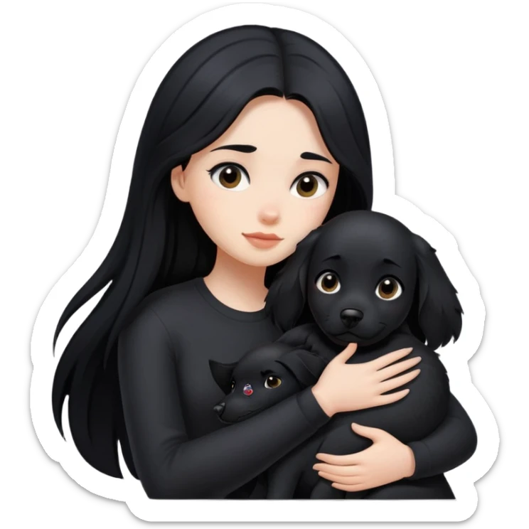 A girl with long black hair wearing black clothes hugs a black dog tightly sticker