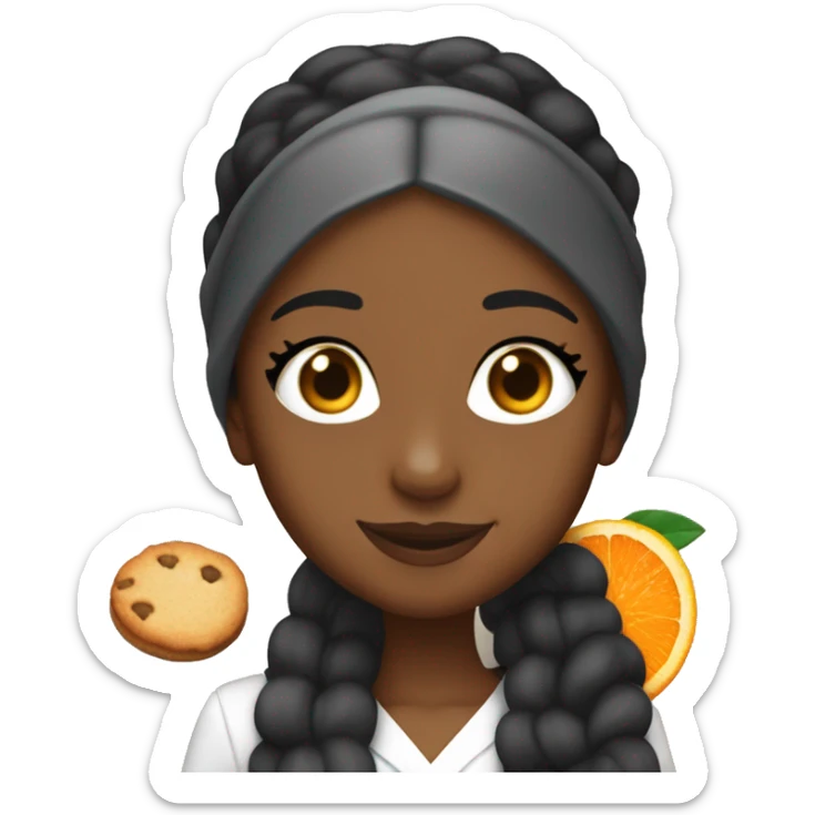 Ariana grande with dark coloured skin. Holding a cookie and a class of orange juice sticker