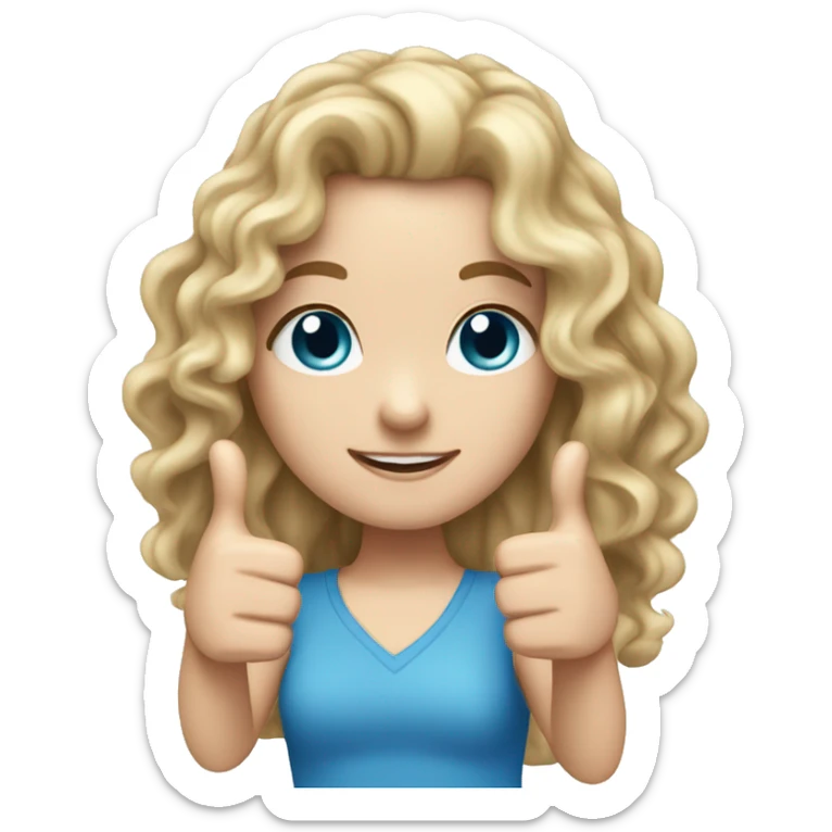 White girl with long not nde curly hair blue eyes holding thumbs up sticker