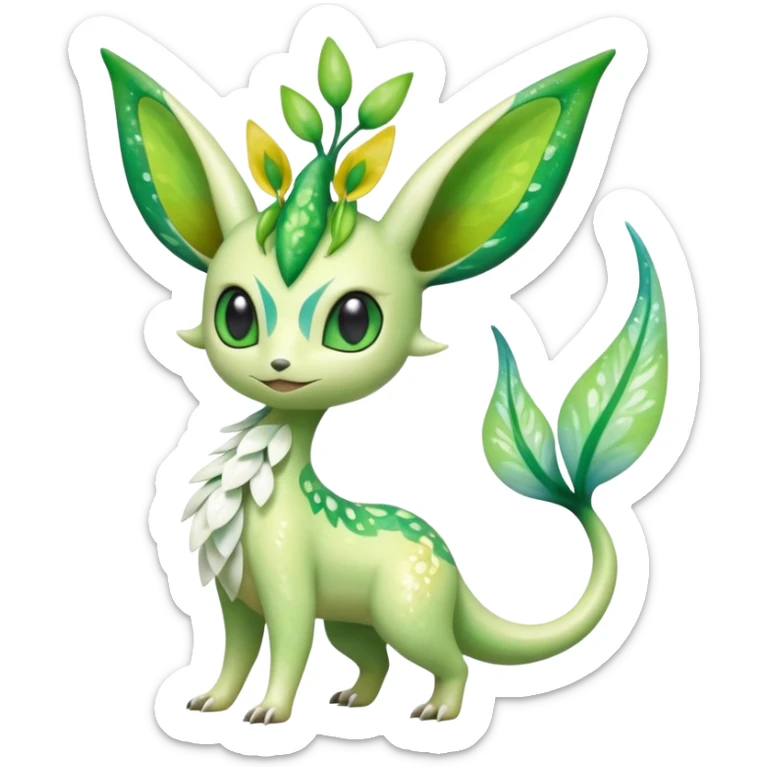 Sparkly White And Green Natural Flowery Colorful Grovyle-Leafeon-Celebi-Fakémon-hybrid-creature (full body)  sticker