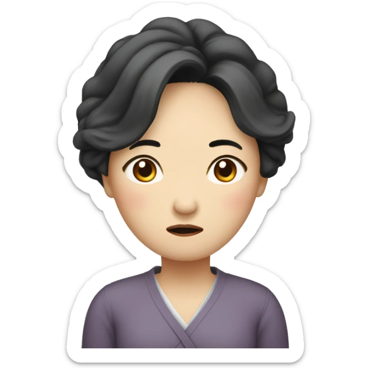 Middle-aged Korean woman in her 40s, with only one hand on her head, distressed face, sad expression, black hair sticker