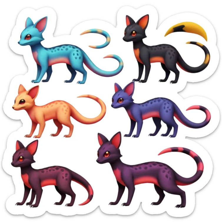 Neon-magma-pastel-gradients-colored Salandit-Umbreon-Genet-Noivern-Noibat-Serval-Hybrid (Full body) sticker