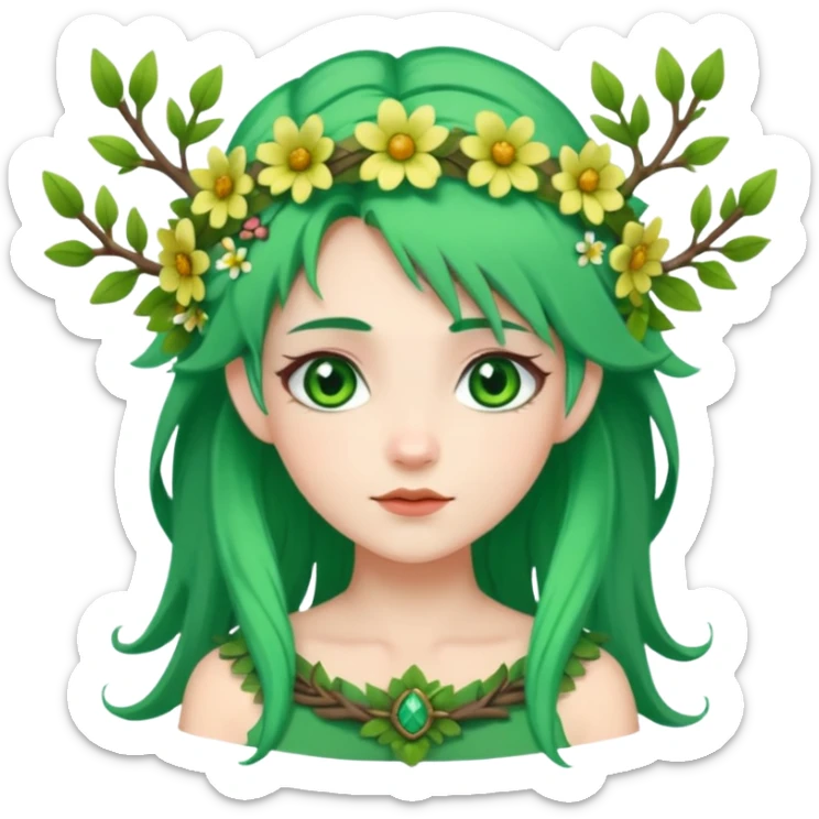 A forest princess with green hair, green eyes, wearing a wreath of flowers and branches sticker