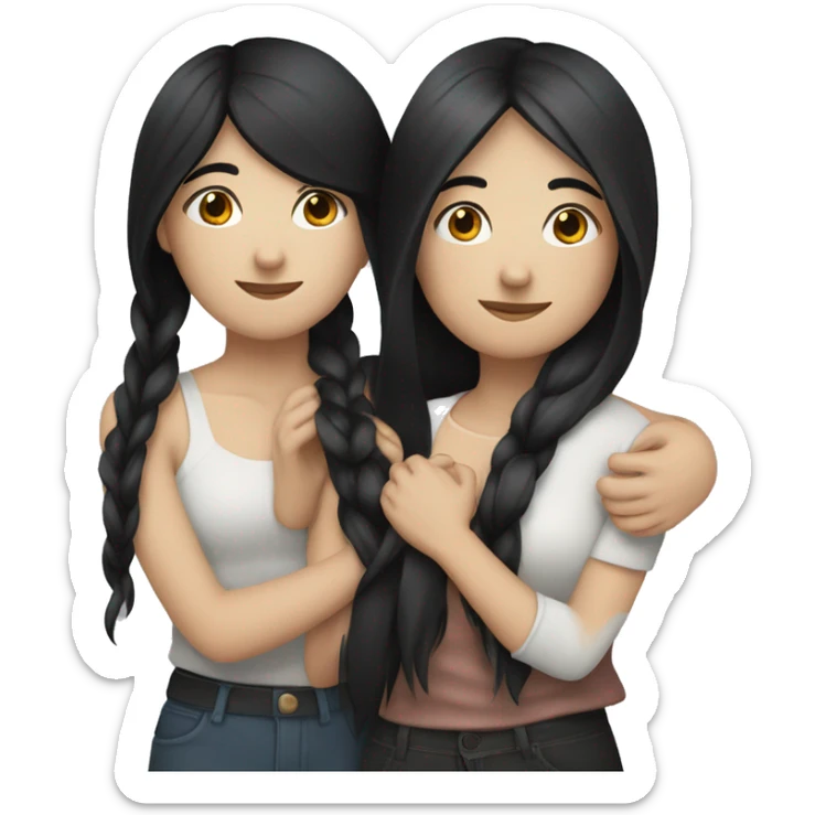 A lesbian couple with white skin and long black hair hugging intimately sticker