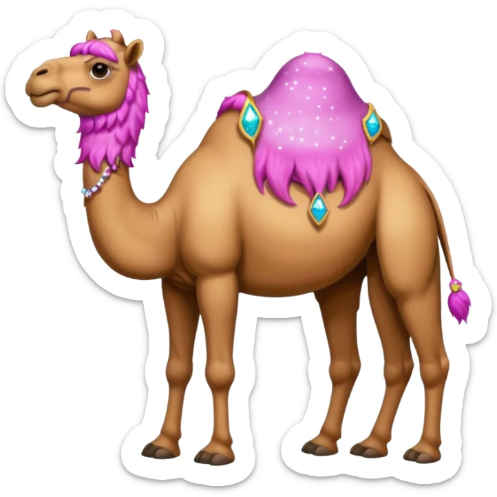 Camel with toes on his hoofs and pink beard that comes out of his chin with sparkle eyes facing forward sticker