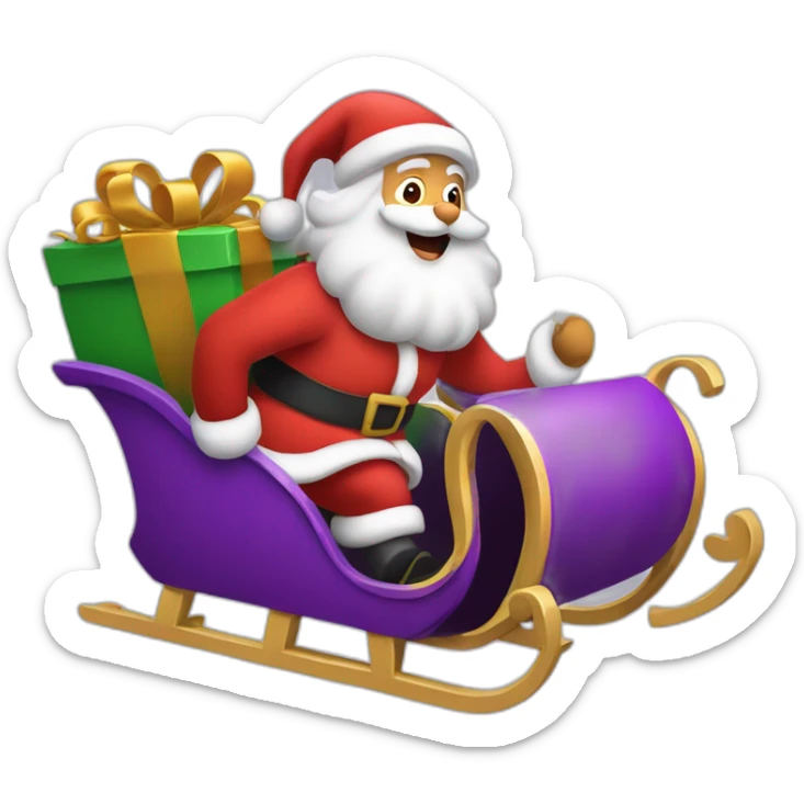 Santa Claus dressed in purple running with his sleigh and reindeer to deliver presents sticker