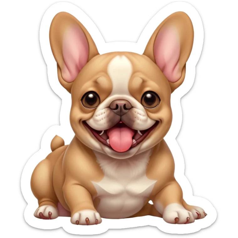 Cinematic Cute Yawning Fawn French Bulldog Portrait Emoji, Head tilted slightly with a dramatic, wide-open yawn, showcasing a sleek fawn coat with a refined texture, floppy ears slightly drooping, round dark eyes barely open in drowsy contentment, Simplified yet irresistibly adorable features, highly detailed, glowing with a soft, cozy glow, high shine, relaxed yet expressive, stylized with a touch of whimsy, bright and endearing, soft glowing outline, capturing the essence of a sleepy yet affectionate companion, so drowsy it feels like it could stretch out of the screen and curl up for a nap! sticker