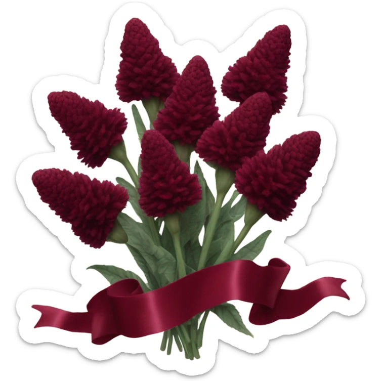 A vintage bouquet of dark red celosia wrapped in a flowing burgundy ribbon
 sticker