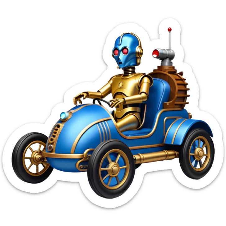  tarnished blue neon underglow C-3PO ghost buster 1964 delicately ornate rosegold wood accents Model-T bucket barrel powered by electric motors and batteries with racing safety belts while flying rapidly roughening terrain stable on strong agile advanced suspension and steering sticker