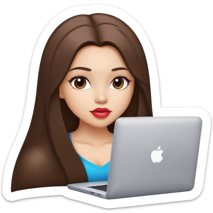Glamour, plump lips, beautiful sexy girl, with long straight brunette hair, with laptop working sticker