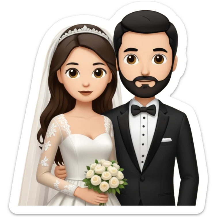bride with long sleve dress, long brown hair and groom with black tux, short black beard and buzzed black hair sticker