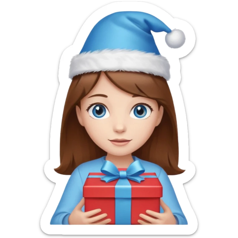 excited girl with brown hair and blue eyes, holding a present and wearing a birthday hat sticker