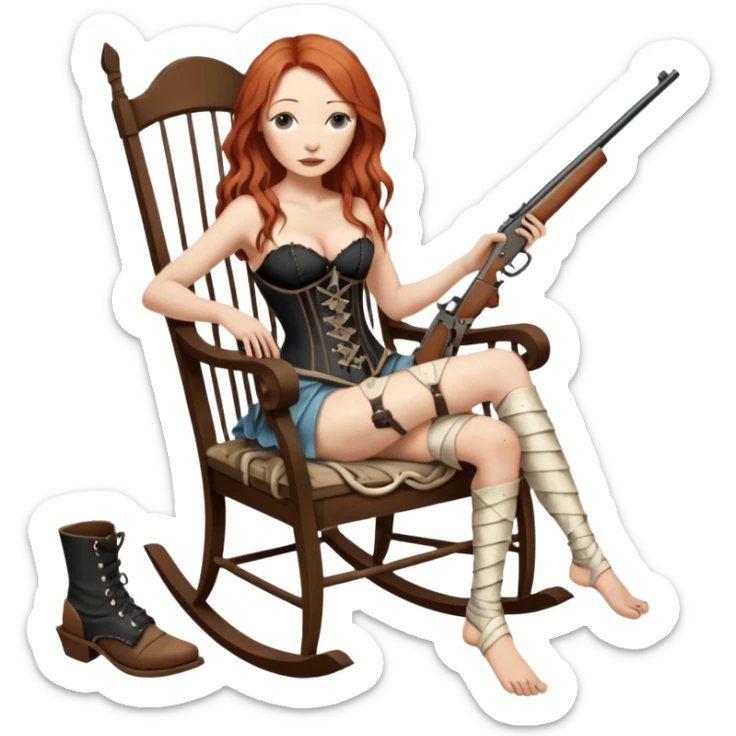 realistic cinematic Tori Amos sits on a rocking chair in a torn corset, holding an antique rifle and her bare feet are muddy. A white snake is wrapped around the chair. sticker