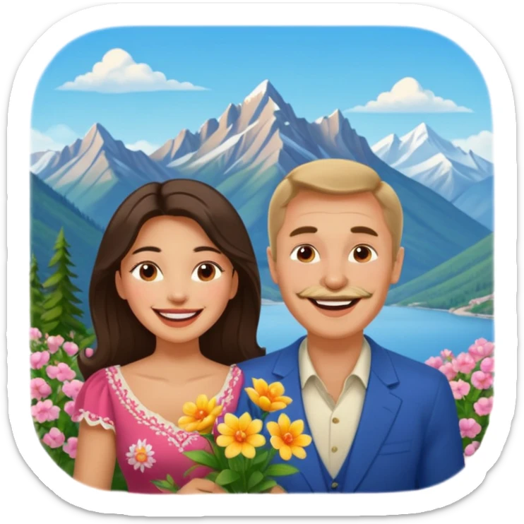 Laughing Couple traveling in Montenegro russian man and elegant  Latina girl delicate flowers and mountains in the background sticker