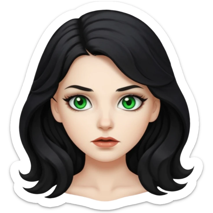 Mean looking white girl with long, wavy black hair, green eyes, and wearing makeup. sticker