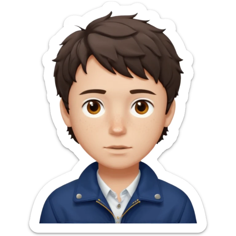 Owen Cooper in dark brown short and choppy fringe short wavy hair with brown eyes, freckles on his cheeks, wearing deep blue jacket and white shirt sticker