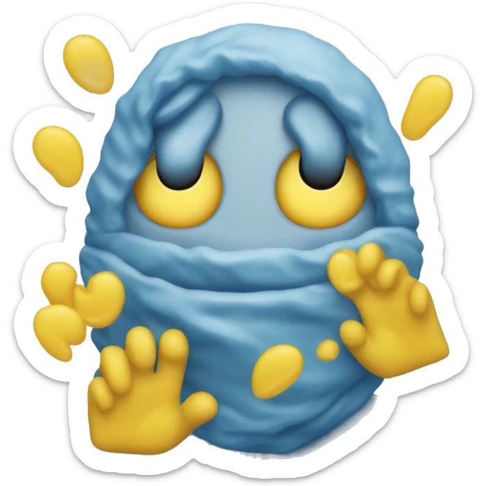 a blue freezing face emoji but its thawing back to the standard emoji yellow color and has a big smile sticker