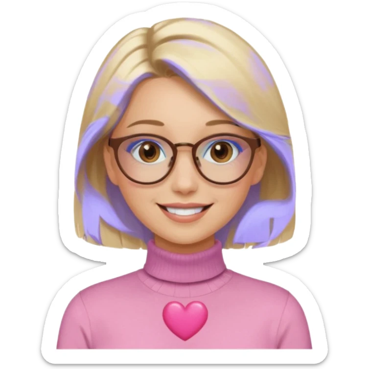 Asthectic pretty Blonde women brown eyes, blue glasses, wearing a brown polo neck shirt and smiling with a pink heart around her. sticker